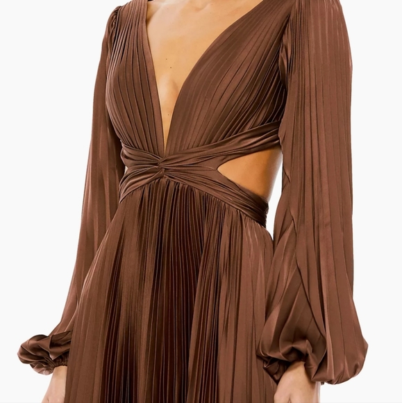 Ieena forMac Duggal Long Sleeve Pleated Cut Out Satin V-Neck Gown - Picture 4 of 5